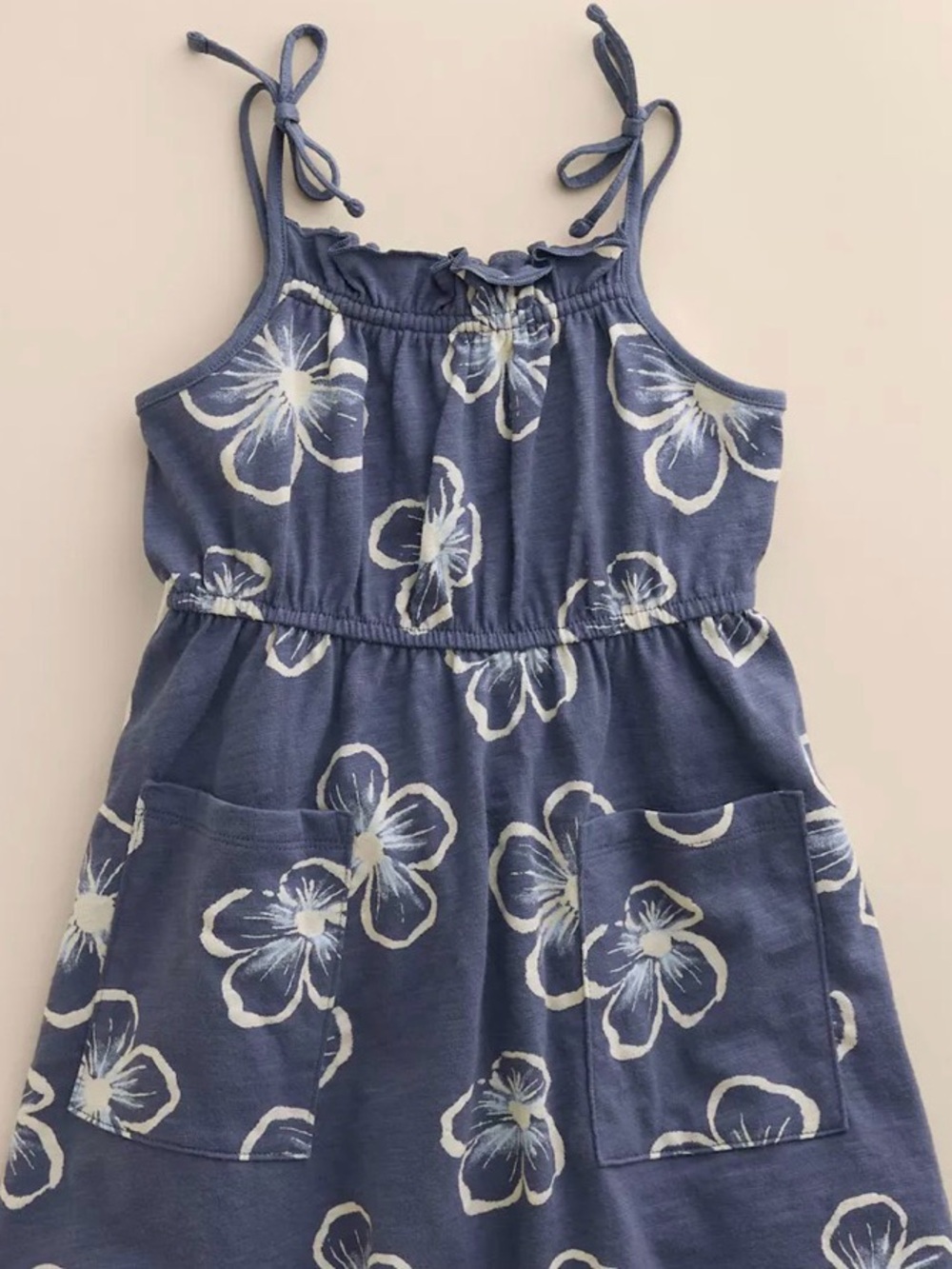 Girls Blue Floral Tie-Shoulder Dress with Front Pockets
